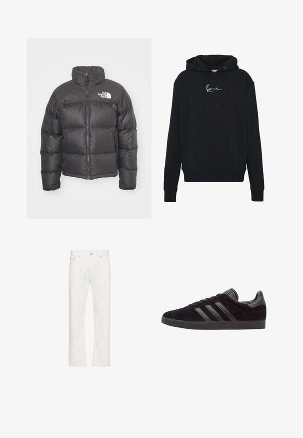 Čierna pufová bunda s vysokým golierom, zipsom a logom. Obsahuje prešívané časti a elastické manžety pre zvýšené teplo.; Čierna mikina s kapucňou vyrobená z mäkkej tkaniny, má prednú kapsu, šnúrky a biele vyšívanie loga na hrudi. Klasický strih a rebrované manžety.; Biele denimové džínsy so rovnými nohavicami, dizajnom s piatimi vreckami a viditeľným švom. Majú zapínanie na gombík a pútka na opasok.; Čierne semišové tenisky s textúrovanými gumovými podrážkami, s tromi čiernymi koženými pruhmi, zaoblenou špičkou a polstrovaným golierom na členku.