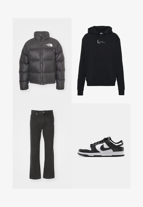 Fekete steppelt dzseki magas nyakkal, cipzáros záródással és logóval. Steppelt részekkel és rugalmas mandzsettákkal rendelkezik a megnövelt kényelem érdekében.; Fekete kapucnis pulóver puha anyagból, elülső zsebbel, húzózsinórral és fehér logóhímzéssel a mellkason. Klasszikus szabású és bordázott mandzsettával.; Fekete, egyenes szárú farmernadrág klasszikus öt zsebes kialakítással és fém kiegészítőkkel. Sima textúra, enyhe nyújthatósággal.; Fekete-fehér Nike Dunk sportcipők, bőr felső résszel, perforált orrral, fekete fűzőkkel és fekete gumitalppal, amelyen barázdás minta található.
