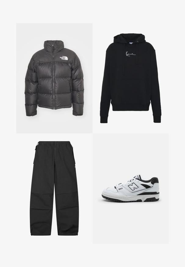 Mustan vuorillinen takki, jossa on korkea kaulus, vetoketjukiinnitys ja logo. Takissa on tikatut osiot ja joustavat hihansuut lisälämmön vuoksi.; Mustaparta, joka on valmistettu pehmeästä kankaasta, jossa on etutasku, narut ja valkoinen logopainatus rinnassa. Klassinen malli ja ribbikupperit.; Mustat puuvillahousut, joissa on joustava vyötärö, kaksi sivutaskua ja rento malli. Sisältää saumat ja minimalistisen muotoilun.; Valkoiset matalat tossut, joissa on mustia yksityiskohtia, nahka- ja verkkomateriaali, rei'itetty yksityiskohtia, pehmustettu kaulus ja paksu kumipohja. Malli 550.