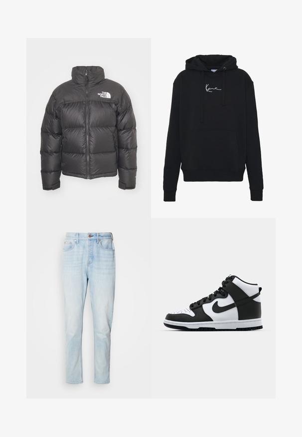Črni napihnjen plašček z visokim ovratnikom, zadrgo in logotipom. Ima prešite dele in elastične manšete za dodatno toploto.; Črna kapuca iz mehkega blaga, z sprednjim žepom, vrvicami in belim vezenjem logotipa na prsih. Klasičen kroj in rebrasti manšeti.; Svjetloplave traperice s ravnim krojem, pet džepova i kopčanjem na gumbe u struku, s lagano izblijedjelim dijelovima.; Črno-bela visoka All Star superga iz usnja, s perforiranim prstom, izrazitim logotipom swoosh in teksturiranim gumijastim podplatom.