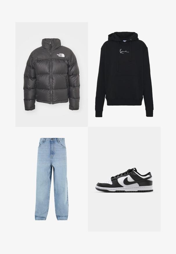 Czarna puchówka z wysokim kołnierzem, zapięciem na zamek i logo. Posiada pikowane sekcje oraz elastyczne mankiety dla dodatkowego ciepła.; Czarna bluza z kapturem wykonana z miękkiego materiału, z przednią kieszenią, sznurkami do regulacji oraz białym haftem logo na klatce piersiowej. Klasyczny krój i ściągacze na rękawach.; Jasnoniebieskie dżinsy o luźnym kroju, wysoki stan i pięć kieszeni. Posiadają szlufki na pasek oraz zapięcie na guzik. Gładka tekstura.; Czarno-białe sneakersy Nike Dunk z skórzaną cholewką, perforowanym czubkiem, czarnymi sznurówkami oraz czarną gumową podeszwą z bieżnikiem.