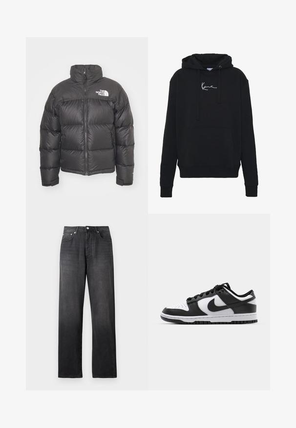 Sort puff jakke med høj hals, lynlås og logo. Har kviltede sektioner og elastiske manchetter for ekstra varme.; Sort hættejakke lavet af blødt stof, med en forlomma, snore og hvidt logo broderi på brystet. Klassisk pasform og ribbede manchetter.; Sorte, højtaljede straight-leg jeans med frontknap og lynlås, to forlommer og diskrete falmede detaljer.; Sort og hvid Nike Dunk sneakers med læderoverdel, perforeret tå, sorte snørebånd og en sort gummisål med slidbanedesign.