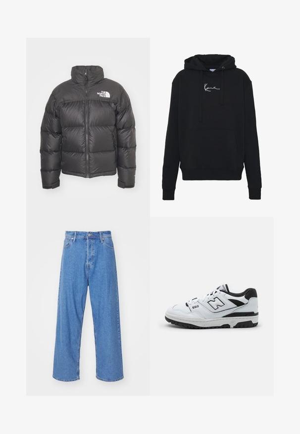 Mustan vuorillinen takki, jossa on korkea kaulus, vetoketjukiinnitys ja logo. Takissa on tikatut osiot ja joustavat hihansuut lisälämmön vuoksi.; Mustaparta, joka on valmistettu pehmeästä kankaasta, jossa on etutasku, narut ja valkoinen logopainatus rinnassa. Klassinen malli ja ribbikupperit.; Jack & Jones JJIRON JJORIGINAL - Relaxed fit -farkut - blue denim; Valkoiset matalat tossut, joissa on mustia yksityiskohtia, nahka- ja verkkomateriaali, rei'itetty yksityiskohtia, pehmustettu kaulus ja paksu kumipohja. Malli 550.