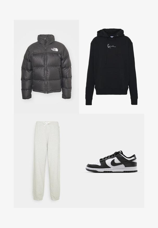 Schwarze Pufferjacke mit hohem Kragen, Reißverschluss und Logo. Verfügt über gesteppten Elemente und elastische Bündchen für zusätzlichen Wärme.; Schwarzer Hoodie aus weichem Material, mit einer Fronttasche, Kordelzügen und weißer Logo-Stickerei auf der Brust. Klassische Passform und gerippte Bündchen.; Hellgraue Sweatpants mit einem Kordelzugbund, elastischen Bündchen und einer weichen Textur. Keine sichtbaren Muster oder zusätzlichen Hardware.; Schwarze und weiße Nike Dunk Sneakers mit einem Obermaterial aus Leder, perforierter Zehenpartie, schwarzen Schnürsenkeln und einer schwarzen Gummisohle mit Profildesign.