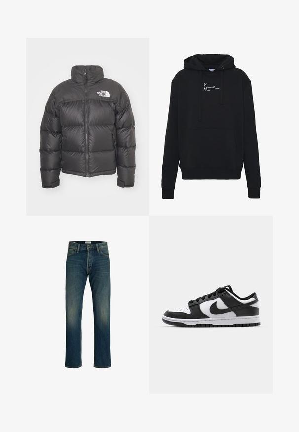 Czarna puchówka z wysokim kołnierzem, zapięciem na zamek i logo. Posiada pikowane sekcje oraz elastyczne mankiety dla dodatkowego ciepła.; Czarna bluza z kapturem wykonana z miękkiego materiału, z przednią kieszenią, sznurkami do regulacji oraz białym haftem logo na klatce piersiowej. Klasyczny krój i ściągacze na rękawach.; Jeans denimowe w średnim niebieskim odcieniu, o prostym kroju nogawki, klasycznym pięciopocketowym designie oraz lekkim wyblaknięciu na udach dla tekstury.; Czarno-białe sneakersy Nike Dunk z skórzaną cholewką, perforowanym czubkiem, czarnymi sznurówkami oraz czarną gumową podeszwą z bieżnikiem.
