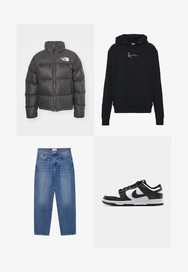 Svart pufferjakke med høy krage, glidelås og logo. Har quiltede seksjoner og elastiske mansjetter for ekstra varme.; Svart hettegenser laget av myk stoff, med en frontlomme, snor i hetten og hvit logo brodert på brystet. Klassisk passform og ribbestrikkede mansjetter.; Blå denim jeans med høy midje, rett bendesign og falmet finish. Har fem lommer og knappelukking.; Svarte og hvite Nike Dunk sneakers med lær overdel, perforert tå, svarte snøringer og svart gummisåle med mønster.