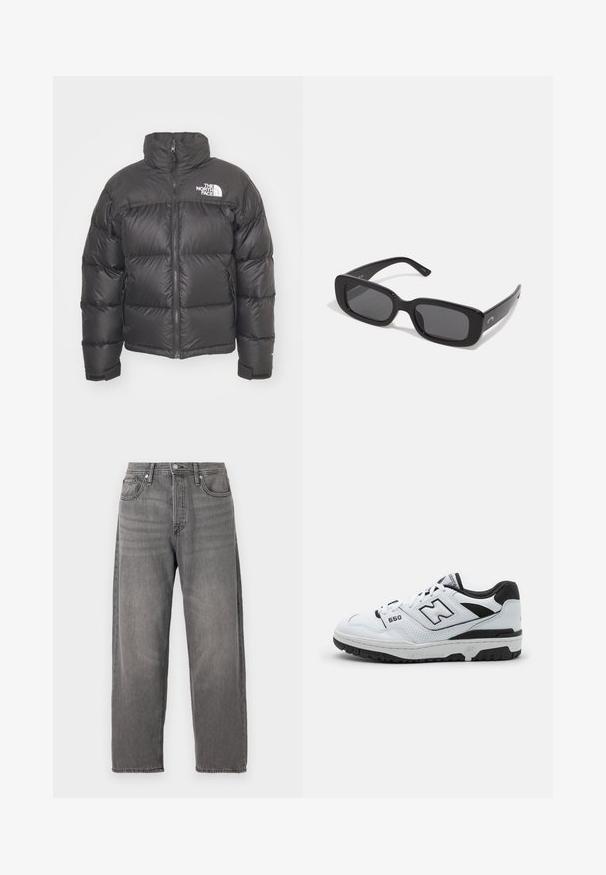 Giacca a vento nera con collo alto, chiusura con zip e logo. Presenta sezioni trapuntate e polsini elasticizzati per un maggiore calore.; Maglione lavorato a maglia blu navy con maniche lunghe, scollatura a girocollo e polsini e orlo a coste. Presenta un piccolo logo sul petto.; Jeans in denim grigio con una vestibilità ampia, gamba dritta, design a cinque tasche e chiusura con bottone in metallo. Presentano una texture sbiadita e cuciture sottili.; Sneaker bassa bianca con accenti neri, upper in pelle e mesh, dettagli perforati, colletto imbottito e suola in gomma spessa. Modello 550.; Occhiali da sole neri rettangolari con lenti scure, montature in plastica liscia e aste larghe. Branding sottile sul lato.