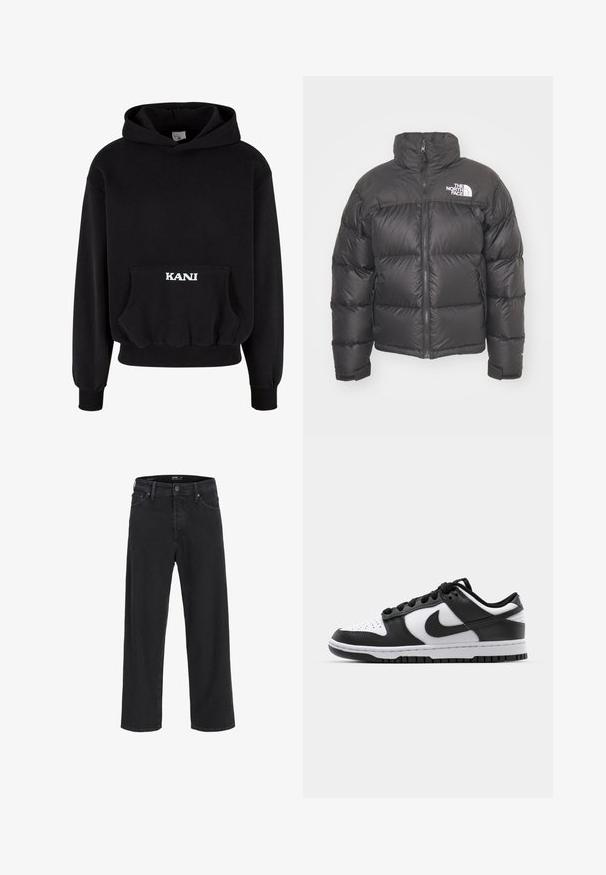 Giacca a vento nera con collo alto, chiusura con zip e logo. Presenta sezioni trapuntate e polsini elasticizzati per un maggiore calore.; Felpa nera con cappuccio realizzata in misto cotone, dotata di una tasca frontale e la scritta bianca "KANI" sulla tasca. Orlo e polsini a costine.; Jeans in denim nero a gamba dritta con chiusura a bottone e zip, passanti per cintura e tasche anteriori e posteriori.; Sneakers Nike Dunk in bianco e nero con tomaia in pelle, punta perforata, lacci neri e suola in gomma nera con design della tacco.