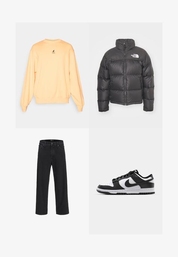 Schwarze Pufferjacke mit hohem Kragen, Reißverschluss und Logo. Verfügt über gesteppten Elemente und elastische Bündchen für zusätzlichen Wärme.; Helles orange Sweatshirt, aus Baumwollmischung, Rundhalsausschnitt, gerippte Bündchen und Saum, mit kleinem schwarzem Logo auf der Brust, lockere Passform, weiche Textur.; Schwarze gerade geschnittene Jeans aus Denim mit Knopf- und Reißverschluss, Gürtelschlaufen sowie Vorder- und Gesäßtaschen.; Schwarze und weiße Nike Dunk Sneakers mit einem Obermaterial aus Leder, perforierter Zehenpartie, schwarzen Schnürsenkeln und einer schwarzen Gummisohle mit Profildesign.
