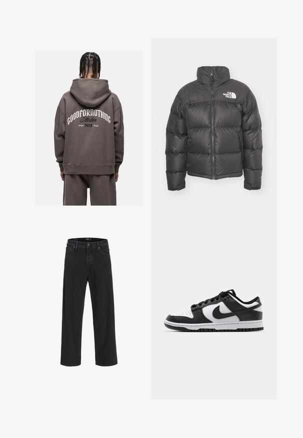 Giacca a vento nera con collo alto, chiusura con zip e logo. Presenta sezioni trapuntate e polsini elasticizzati per un maggiore calore.; Felpa con cappuccio grigia oversize con una grande grafica testuale bianca sul retro, polsi a costine e tasca a marsupio. Realizzata in morbido tessuto testurizzato.; Jeans in denim nero a gamba dritta con chiusura a bottone e zip, passanti per cintura e tasche anteriori e posteriori.; Sneakers Nike Dunk in bianco e nero con tomaia in pelle, punta perforata, lacci neri e suola in gomma nera con design della tacco.