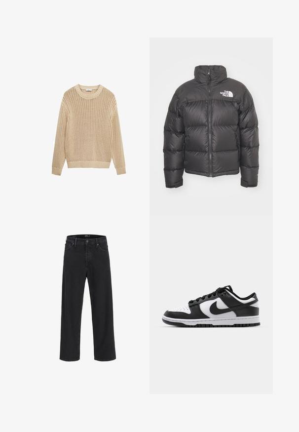 Schwarze Pufferjacke mit hohem Kragen, Reißverschluss und Logo. Verfügt über gesteppten Elemente und elastische Bündchen für zusätzlichen Wärme.; Strickpullover in Beige mit loser Maschenstruktur, rundem Halsausschnitt, langen Ärmeln sowie gerippten Bündchen und Saum. Strukturmuster über das gesamte Kleidungsstück.; Schwarze gerade geschnittene Jeans aus Denim mit Knopf- und Reißverschluss, Gürtelschlaufen sowie Vorder- und Gesäßtaschen.; Schwarze und weiße Nike Dunk Sneakers mit einem Obermaterial aus Leder, perforierter Zehenpartie, schwarzen Schnürsenkeln und einer schwarzen Gummisohle mit Profildesign.
