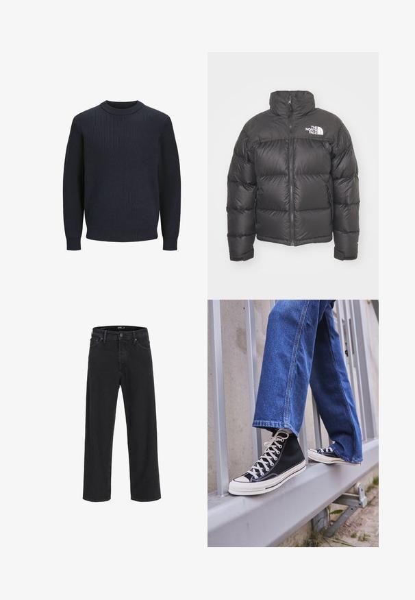 Mustan vuorillinen takki, jossa on korkea kaulus, vetoketjukiinnitys ja logo. Takissa on tikatut osiot ja joustavat hihansuut lisälämmön vuoksi.; Laivastonsininen ribbineulepaita, jossa on pyöreä kaula-aukko ja pitkät hihat; sisältää tekstuurin ja istuvan helmauksen vyötäröllä.; Mustat suorat farkut nappi- ja vetoketjukiinnityksellä, vyölenkeillä, sekä etu- ja takataskuilla.; Mustat high-top tennarit valkoisella pohjalla ja nauhoilla, yhdistettynä väljään sinisiin farkkuihin, lepäävät harmaalla kaiteella.