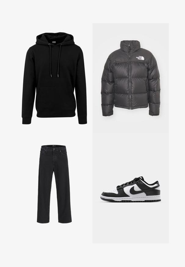 Zwarte pufferjack met hoge kraag, ritssluiting en logo. Bevat gequiltte secties en elastische manchetten voor extra warmte.; Zwarte hoodie van zachte stof, voorzien van een grote voorzak, trekkoorden en ribbels aan de mouwen en onderkant. Eenvoudig, effen kleurontwerp.; Zwarte recht gesneden denim jeans met knoop- en ritssluiting, riemlussen en voor- en achterzakken.; Zwart-witte Nike Dunk sneakers met een leren bovenwerk, geperforeerde neus, zwarte veters en een zwarte rubberen zool met profiel.