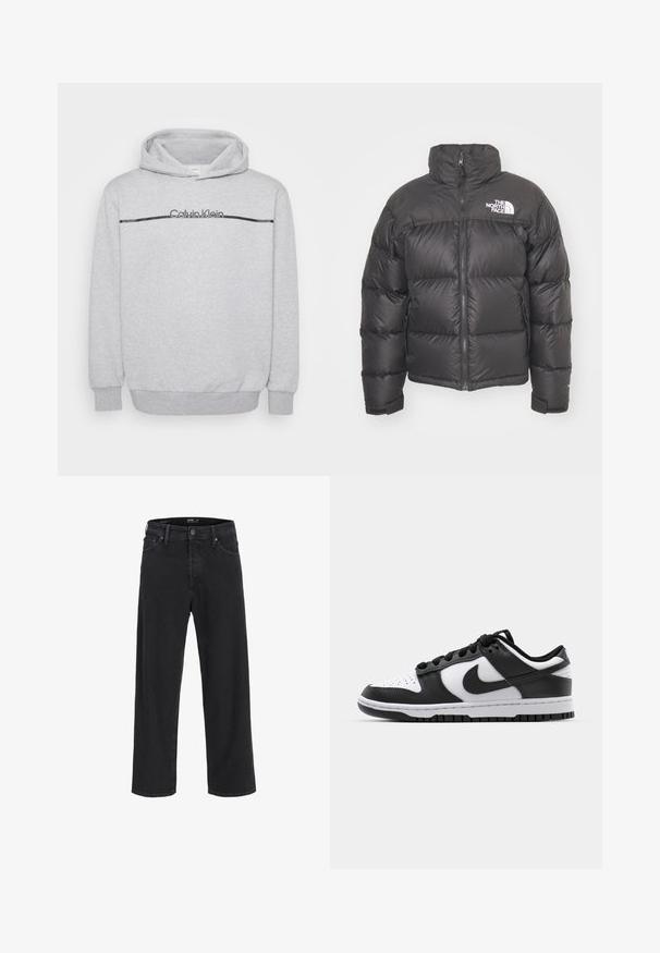 Svart pufferjakke med høy krage, glidelås og logo. Har quiltede seksjoner og elastiske mansjetter for ekstra varme.; Grå hettegenser laget av myk stoff med et frontlogo, svart horisontal stripe over brystet, og ribbestrikkede mansjetter og kant.; Svarte straight-leg denim jeans med knapp- og glidelåslukking, beltestropper og front- og baklommer.; Svarte og hvite Nike Dunk sneakers med lær overdel, perforert tå, svarte snøringer og svart gummisåle med mønster.