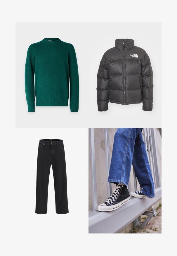 Črni napihnjen plašček z visokim ovratnikom, zadrgo in logotipom. Ima prešite dele in elastične manšete za dodatno toploto.; Teal pulover iz volnenega materiala s krožnim izrezom, dolgimi rokavi ter rebrastimi manšetami in robom, ki ima teksturirano površino. Brez vidnih vzorcev ali dodatkov.; Črne kavbojke ravnega kroja z gumbom in zadrgo, z zankami za pas ter sprednjimi in zadnjimi žepi.; Črne visoke teniske z belim podplatom in vezalkami, v kombinaciji z ohlapnimi modrimi džinsom, naslonjene na sivo ograjo.