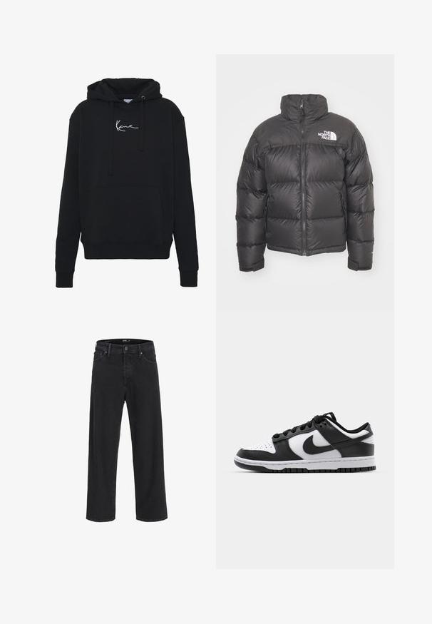 Giacca a vento nera con collo alto, chiusura con zip e logo. Presenta sezioni trapuntate e polsini elasticizzati per un maggiore calore.; Felpa nera con cappuccio in tessuto morbido, dotata di una tasca frontale, lacci e ricamo del logo bianco sul petto. Design classico e polsini a coste.; Jeans in denim nero a gamba dritta con chiusura a bottone e zip, passanti per cintura e tasche anteriori e posteriori.; Sneakers Nike Dunk in bianco e nero con tomaia in pelle, punta perforata, lacci neri e suola in gomma nera con design della tacco.