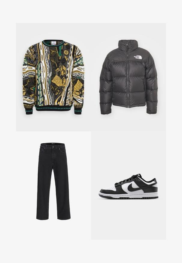 Black puffer jacket with a high neck, zip closure, and logo. Features quilted sections and elastic cuffs for added warmth.; Knit sweater featuring vibrant abstract patterns in black, white, yellow, and green. Round neckline and ribbed cuffs complete the design.; Black straight-leg denim jeans with button and zipper closure, belt loops, and front and back pockets.; Black and white Nike Dunk sneakers featuring a leather upper, perforated toe, black laces, and a black rubber sole with tread design.