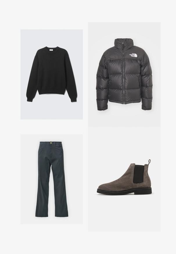 Sort puff jakke med høj hals, lynlås og logo. Har kviltede sektioner og elastiske manchetter for ekstra varme.; Sort langærmet striktrøje med rund hals, ribbede manchetter og kant, lagt fladt mod en lys baggrund.; Sorte bukser med lige ben, lavet af en bomuldsblandingsstof. Har en metalknaplukning og sidelommer. Ingen synlige mønstre.; Grå ruskind Chelsea støvle med elastiske sidepaneler, afrundet tå og hælflap. Flad sort gummisål. Enkel og elegant design.