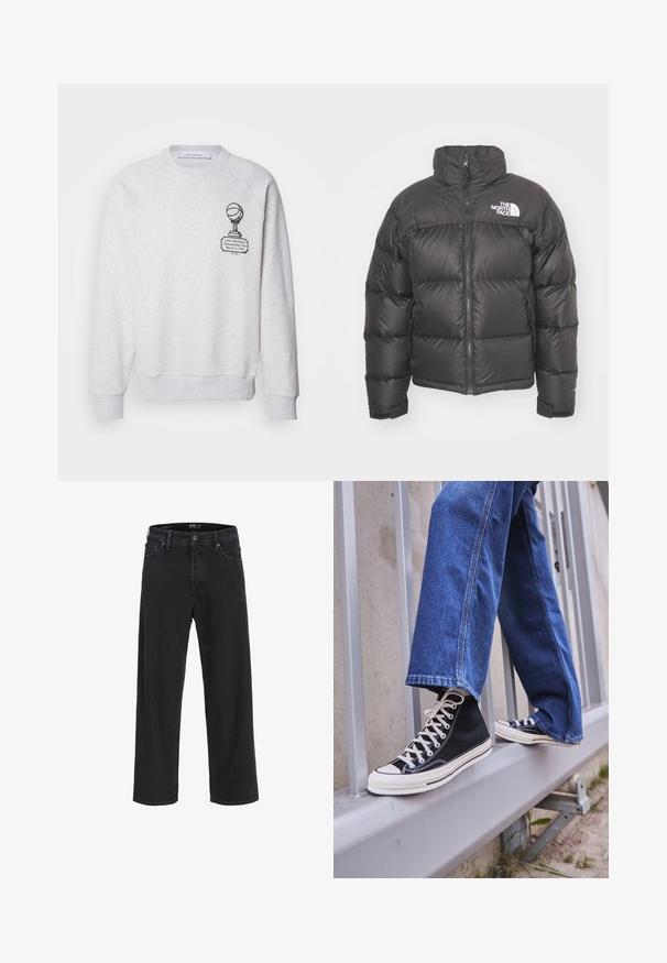 Chaqueta de plumas negra con cuello alto, cierre de cremallera y logotipo. Presenta secciones acolchadas y puños elásticos para mayor calidez.; Les Deux TOURNAMENT - Sudadera - grey; Jeans de mezclilla negros de pierna recta con cierre de botón y cremallera, trabillas para cinturón y bolsillos delanteros y traseros.; Zapatillas de deporte negras de caña alta con suela y cordones blancos, combinadas con unos vaqueros de denim azul holgados, apoyadas en una barandilla gris.