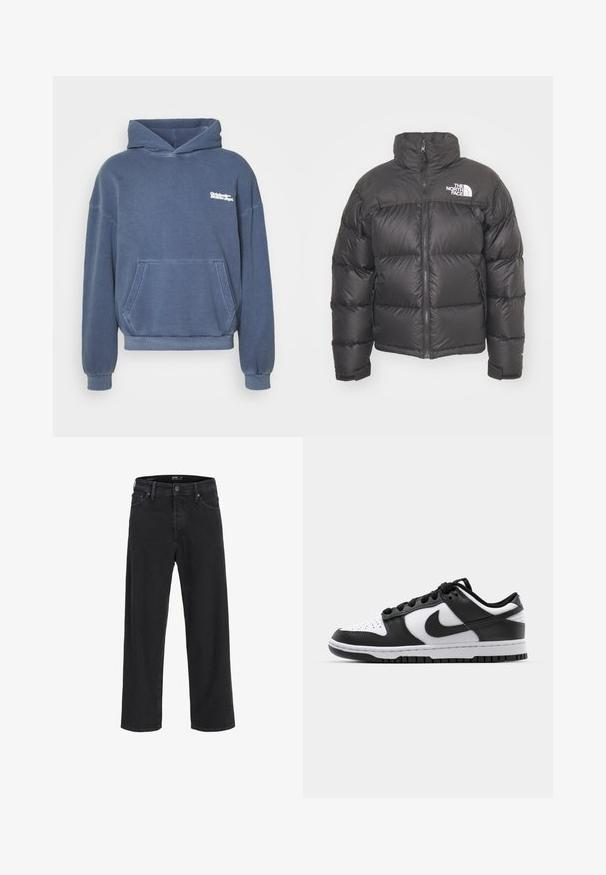 Giacca a vento nera con collo alto, chiusura con zip e logo. Presenta sezioni trapuntate e polsini elasticizzati per un maggiore calore.; Felpa con cappuccio blu realizzata in tessuto misto cotone. Presenta una tasca a marsupio frontale e polsini a costine. Logo distintivo stampato in bianco.; Jeans in denim nero a gamba dritta con chiusura a bottone e zip, passanti per cintura e tasche anteriori e posteriori.; Sneakers Nike Dunk in bianco e nero con tomaia in pelle, punta perforata, lacci neri e suola in gomma nera con design della tacco.