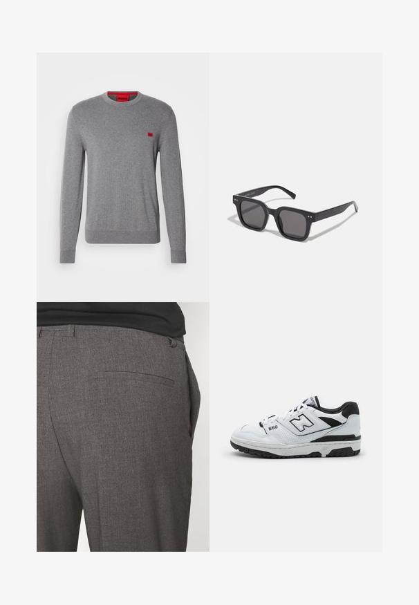 Schwarze Pufferjacke mit hohem Kragen, Reißverschluss und Logo. Verfügt über gesteppten Elemente und elastische Bündchen für zusätzlichen Wärme.; HUGO SAN CASSIUS - Strickpullover - medium grey; Langärmliges, weißes T-Shirt aus weicher Baumwolle. Rundhalsausschnitt mit geraden Saumabschlüssen und ohne sichtbare Muster oder Grafiken.; Graue maßgeschneiderte Hose mit glatter Textur, ausgestattet mit einer einzigen hinteren Tasche und einem schlanken Schnitt. Der Stoff hat ein dezentes Muster.; Weiße Low-Top-Sneaker mit schwarzen Akzenten, Obermaterial aus Leder und Mesh, perforierte Details, gepolsterter Kragen und dicke Gummisohle. Modell 550.; Schwarze rechteckige Sonnenbrillen mit dunklen Gläsern, die einen dicken Rahmen, subtile Akzente an den Seiten und keine sichtbaren Logos außer dem Markennamen aufweisen.