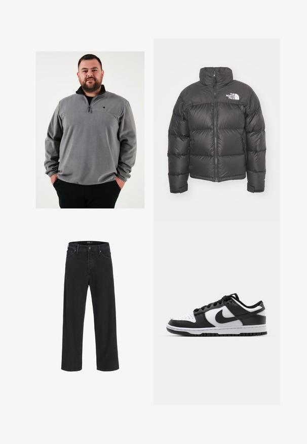 Fekete steppelt dzseki magas nyakkal, cipzáros záródással és logóval. Steppelt részekkel és rugalmas mandzsettákkal rendelkezik a megnövelt kényelem érdekében.; Szürke polár pulóver fél cipzárral, fekete gallérral és kis logóval a mellrészen. Puha tapintású és laza fazonú.; Fekete egyenes szárú farmernadrág gombos és cipzáras záródással, övhurkokkal, valamint elülső és hátsó zsebekkel.; Fekete-fehér Nike Dunk sportcipők, bőr felső résszel, perforált orrral, fekete fűzőkkel és fekete gumitalppal, amelyen barázdás minta található.