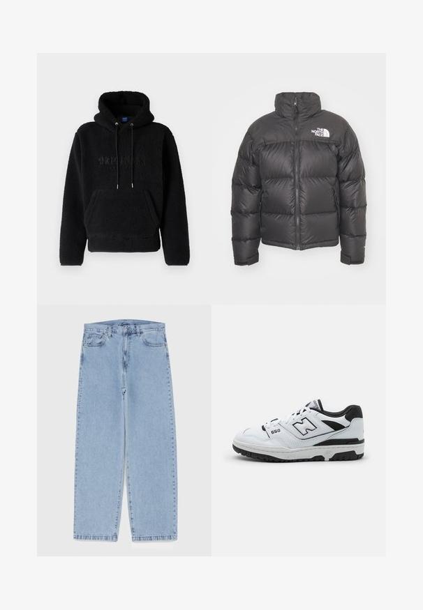 Svart pufferjakke med høy krage, glidelås og logo. Har quiltede seksjoner og elastiske mansjetter for ekstra varme.; Svart fleece-hettegenser med frontlomme, justerbare snorer og preget tekst. Myk tekstur med en avslappet passform.; Lyseblå denimjeans med rett ben-design, med mid-rise liv, fem lommer og knap og lynlås lukning.; Hvit lav-toppsneaker med svarte detaljer, overdel i lær og mesh, perforert detaljering, polstret krage og tykk gummisåle. Modell 550.