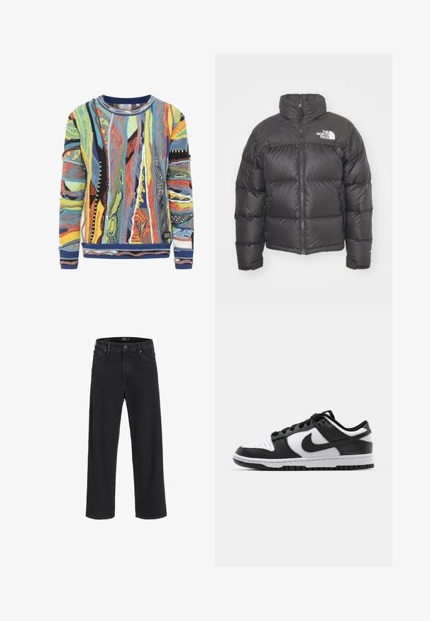 Svart puffjacka med hög krage, dragkedja och logotyp. Har kviltade sektioner och elastiska ärmslut för extra värme.; Mönstrad stickad tröja i flera färger med abstrakta mönster i blått, gult, rött och svart. Ribbad krage och muddar, textil med struktur.; Svarta raka denimjeans med knäppning och dragkedja, bältesöglor samt fram- och bakfickor.; Svarta och vita Nike Dunk sneakers med läderöverdel, perforerad tå, svarta snören och en svart gummisula med mönster.