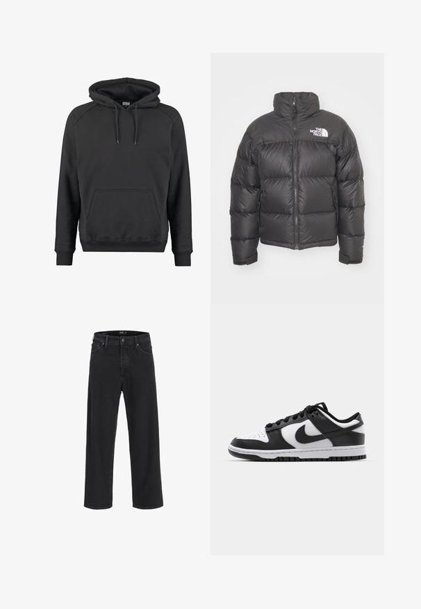 Černá péřová bunda s vysokým límcem, zipem a logem. Obsahuje prošívané části a elastické manžety pro větší teplo.; Černá mikina s kapucí vyrobená z jemné tkaniny, s klokankou, žebrovanými manžetami a nastavitelnými šňůrkami na kapuci.; Černé džíny rovného střihu z denimu s knoflíkovým a zipovým zapínáním, poutky na opasek a předními i zadními kapsami.; Černobílé tenisky Nike Dunk s koženým svrškem, perforovanou špičkou, černými tkaničkami a černou gumovou podrážkou s dezénem.