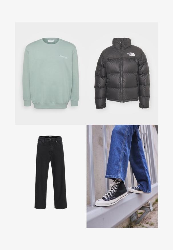 Schwarze Pufferjacke mit hohem Kragen, Reißverschluss und Logo. Verfügt über gesteppten Elemente und elastische Bündchen für zusätzlichen Wärme.; Mintgrüner Crewneck-Sweatshirt aus weichem Baumwollmix. Mit gerippten Bündchen und Saum, mit "Club1990" in Weiß auf der Vorderseite bedruckt.; Schwarze gerade geschnittene Jeans aus Denim mit Knopf- und Reißverschluss, Gürtelschlaufen sowie Vorder- und Gesäßtaschen.; Schwarze High-Top-Sneaker mit weißer Sohle und Schnürsenkeln, kombiniert mit lockeren blauen Jeans, die auf einem grauen Geländer ruhen.