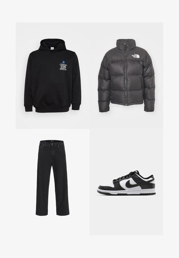Chaqueta de plumas negra con cuello alto, cierre de cremallera y logotipo. Presenta secciones acolchadas y puños elásticos para mayor calidez.; Sudadera con capucha negra y un bolsillo frontal. Presenta texto en blanco y azul: "COFFEE WORK SLEEP REPEAT" sobre un gráfico de una persona sentada.; Jeans de mezclilla negros de pierna recta con cierre de botón y cremallera, trabillas para cinturón y bolsillos delanteros y traseros.; Zapatillas Nike Dunk en blanco y negro con parte superior de cuero, puntera perforada, cordones negros y suela de goma negra con diseño de tracción.
