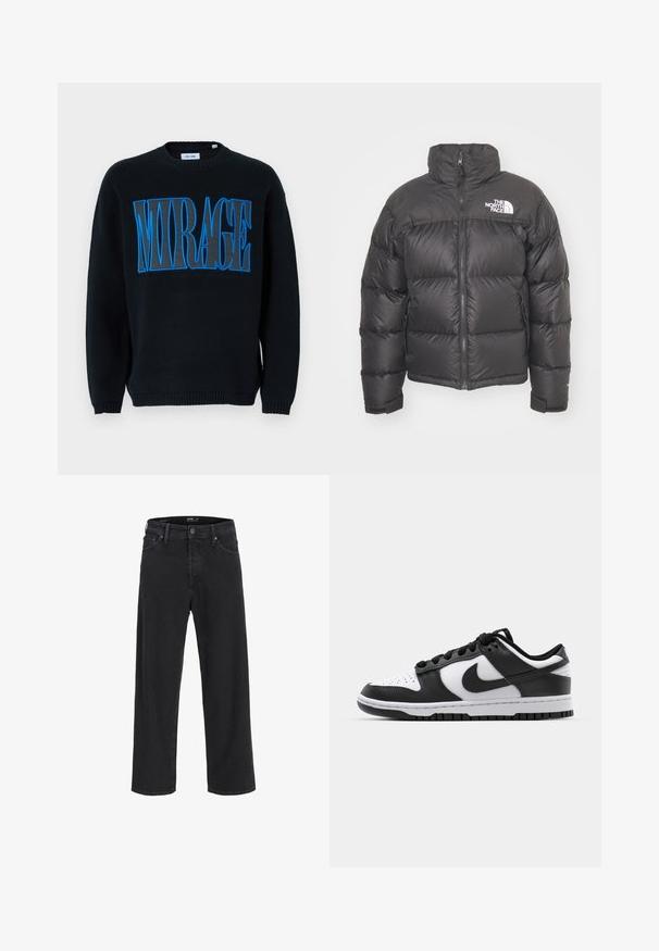 Svart puffjacka med hög krage, dragkedja och logotyp. Har kviltade sektioner och elastiska ärmslut för extra värme.; Only & Sons ONSLUMI CREW - Stickad tröja - black; Svarta raka denimjeans med knäppning och dragkedja, bältesöglor samt fram- och bakfickor.; Svarta och vita Nike Dunk sneakers med läderöverdel, perforerad tå, svarta snören och en svart gummisula med mönster.