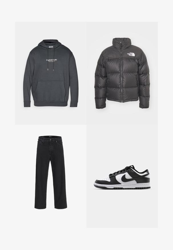 Schwarze Pufferjacke mit hohem Kragen, Reißverschluss und Logo. Verfügt über gesteppten Elemente und elastische Bündchen für zusätzlichen Wärme.; Dunkelgrauer Hoodie aus weichem Stoff. Verfügt über eine Kordelzugkapuze, eine vordere Kängurutasche und ein weißes Textlogo auf der Brust.; Schwarze gerade geschnittene Jeans aus Denim mit Knopf- und Reißverschluss, Gürtelschlaufen sowie Vorder- und Gesäßtaschen.; Schwarze und weiße Nike Dunk Sneakers mit einem Obermaterial aus Leder, perforierter Zehenpartie, schwarzen Schnürsenkeln und einer schwarzen Gummisohle mit Profildesign.