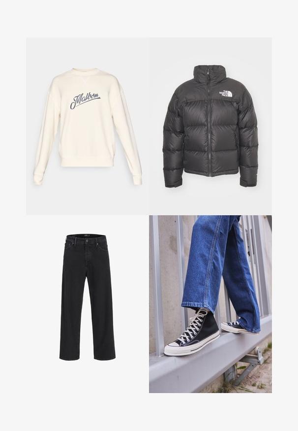 Svart puffjacka med hög krage, dragkedja och logotyp. Har kviltade sektioner och elastiska ärmslut för extra värme.; Krämfärgad sweatshirt med en grå kursiv "Malbon"-logotyp, rundad halsringning, ribbade ärmslut och nederkant samt synliga sömnadsdetaljer.; Svarta raka denimjeans med knäppning och dragkedja, bältesöglor samt fram- och bakfickor.; Svarta högskurna sneakers med vit sula och snören, tillsammans med lösa blå jeans, vilande på ett grått räcke.