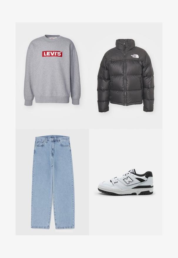 Chaqueta de plumas negra con cuello alto, cierre de cremallera y logotipo. Presenta secciones acolchadas y puños elásticos para mayor calidez.; Levi's® RELAXED GRAPHIC CREW - Sudadera - mottled grey; Camiseta blanca de manga larga hecha de algodón suave. Cuello redondo con dobladillos rectos y sin patrones ni gráficos visibles.; Jean de mezclilla azul claro con diseño de pierna recta, con una cintura de altura media, cinco bolsillos y un cierre de botón y cremallera.; Zapatilla baja blanca con acentos negros, parte superior de cuero y malla, detalles perforados, cuello acolchado y suela de goma gruesa. Modelo 550.