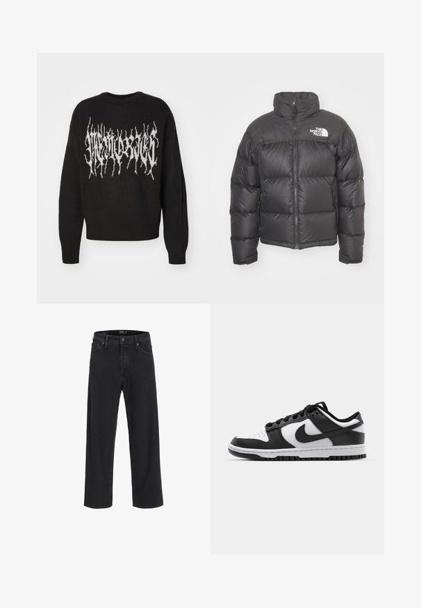 Casaco puffer preto com gola alta, fecho de correr e logotipo. Apresenta seções acolchoadas e punhos elásticos para maior aquecimento.; Sweater preto de malha com um design gráfico branco com bordas dentadas acentuadas ao longo do peito. Gola redonda e punhos canelados.; Calças de ganga pretas de perna reta com fecho de botão e zíper, passantes para cinto e bolsos frontais e traseiros.; Tênis Nike Dunk em preto e branco com cabedal em couro, ponta perfurada, atacadores pretos e sola de borracha preta com design de rasto.