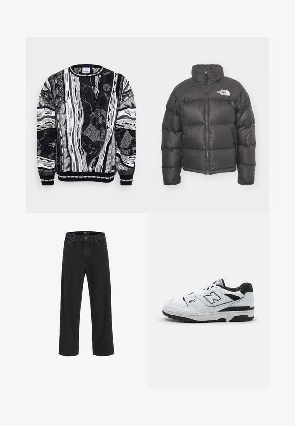 Schwarze Pufferjacke mit hohem Kragen, Reißverschluss und Logo. Verfügt über gesteppten Elemente und elastische Bündchen für zusätzlichen Wärme.; Schwarz-weißer Pullover mit komplexen Mustern, die Stadtszenen und abstrakte Designs zeigen. Stricktextur mit gerippten Bündchen und Halsauschnitt.; Schwarze gerade geschnittene Jeans aus Denim mit Knopf- und Reißverschluss, Gürtelschlaufen sowie Vorder- und Gesäßtaschen.; Weiße Low-Top-Sneaker mit schwarzen Akzenten, Obermaterial aus Leder und Mesh, perforierte Details, gepolsterter Kragen und dicke Gummisohle. Modell 550.
