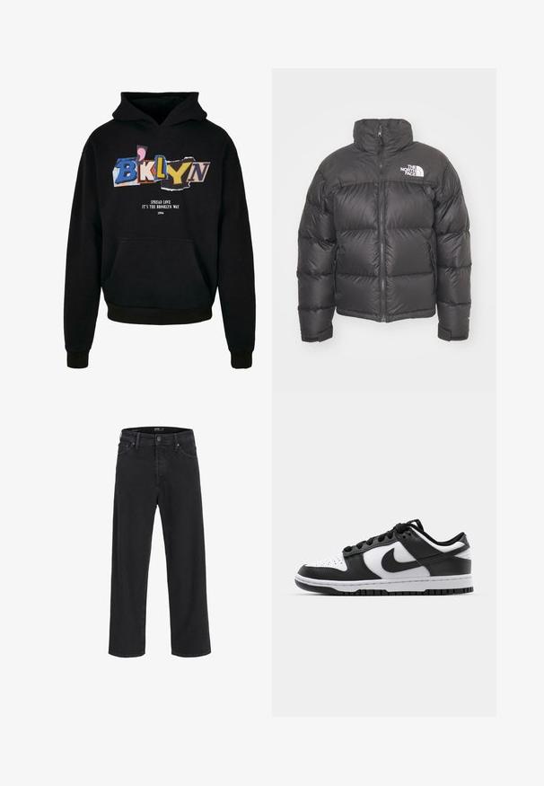 Giacca a vento nera con collo alto, chiusura con zip e logo. Presenta sezioni trapuntate e polsini elasticizzati per un maggiore calore.; Felpa nera con tasca frontale, con testo grafico colorato "BKLYN" e "Spread Love, It's The Brooklyn Way" in bianco, 1994.; Jeans in denim nero a gamba dritta con chiusura a bottone e zip, passanti per cintura e tasche anteriori e posteriori.; Sneakers Nike Dunk in bianco e nero con tomaia in pelle, punta perforata, lacci neri e suola in gomma nera con design della tacco.