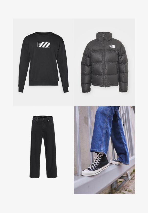 Chaqueta de plumas negra con cuello alto, cierre de cremallera y logotipo. Presenta secciones acolchadas y puños elásticos para mayor calidez.; Sudadera negra confeccionada en una mezcla de algodón, con un diseño rectangular que presenta rayas blancas y un logo en la parte frontal. Cuello y puños acanalados.; Jeans de mezclilla negros de pierna recta con cierre de botón y cremallera, trabillas para cinturón y bolsillos delanteros y traseros.; Zapatillas de deporte negras de caña alta con suela y cordones blancos, combinadas con unos vaqueros de denim azul holgados, apoyadas en una barandilla gris.