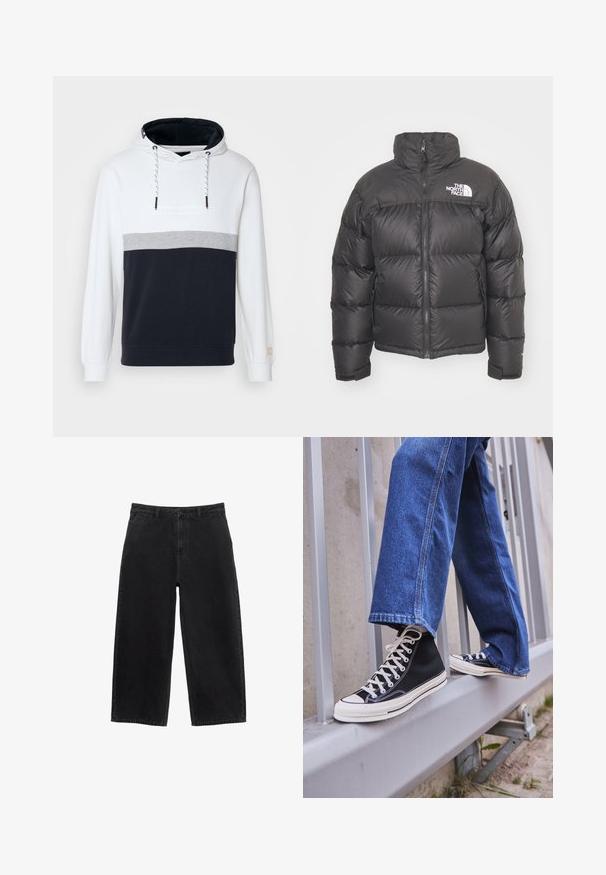 Doudoune noire avec un col montant, fermeture éclair et logo. Comprend des sections matelassées et des poignets élastiques pour plus de chaleur.; Sweat à capuche avec un coloris en blocs de couleurs blanc, gris et marine. Matière en coton doux, doté d'une capuche avec cordon de serrage et de manches côtelées.; Pantalons larges en denim noir avec taille haute, dotés d'une fermeture à bouton à l'avant et de poches classiques. Texture lisse et lignes épurées.; Baskets montantes noires avec semelle et lacets blancs, associées à un jean en denim bleu décontracté, reposant sur un garde-corps gris.