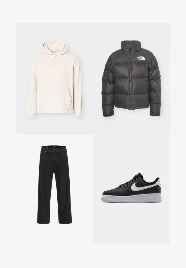 Sort puff jakke med høj hals, lynlås og logo. Har kviltede sektioner og elastiske manchetter for ekstra varme.; Lyse beige hoodie lavet af blødt fleece-materiale. Har en hætte med snøre, en frontlomme, ribbede håndledder og minimal logo-detalje.; Sorte denim jeans med lige ben, knap- og lynlåslukning, bæltestropper samt for- og baglommer.; Sort lædersneaker med tekstureret overflade, hvid Nike swoosh, grå sål, rund tå og snørebåndsdesign. Har perforeringer på tåboksen.