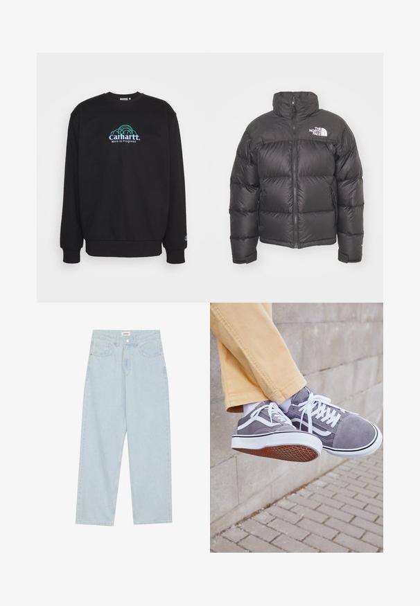 Casaco puffer preto com gola alta, fecho de correr e logotipo. Apresenta seções acolchoadas e punhos elásticos para maior aquecimento.; Carhartt WIP GEO SCRIPT - Camisola - black; T-shirt de mangas longas, branca, feita de algodão suave. Gola redonda com bainhas cortadas a direito e sem padrões ou gráficos visíveis.; Calças jeans de perna larga em azul-claro, feitas de denim, com uma cintura média, cinco bolsos e um fecho de botão com um pequeno detalhe metálico.; Ténis cinza em camurça com atacadores brancos, solas brancas e um solado de borracha texturizada castanha. Posicionados contra um fundo de pedra clara.