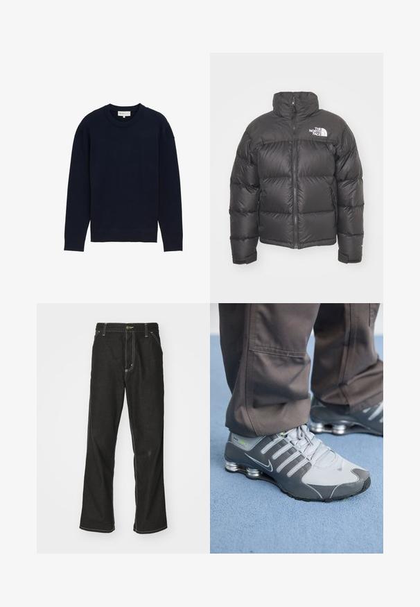 Černá péřová bunda s vysokým límcem, zipem a logem. Obsahuje prošívané části a elastické manžety pro větší teplo.; Tmavě modrý pulovr s dlouhým rukávem a ribbovaným výstřihem a manžetami, vystavený na jednobarevném bílém pozadí.; Černé denimové džíny s volným střihem, s kontrastním bílým prošíváním, zapínáním na knoflík a rovnými nohavicemi.; Šedé a stříbrné tenisky Nike Shox mají elegantní design, s použitím síťoviny a syntetických materiálů, zaoblenou špičku a polstrovaný límec.
