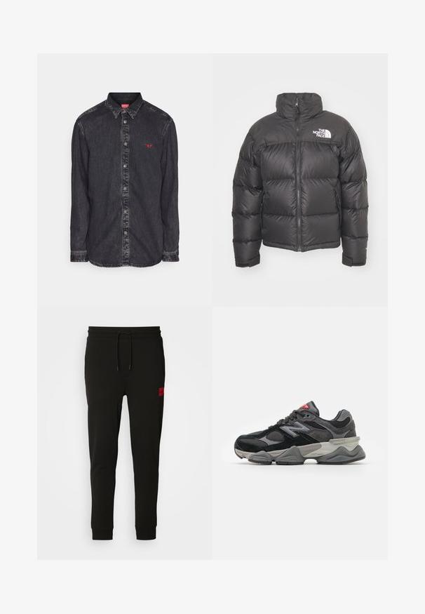 Svart pufferjakke med høy krage, glidelås og logo. Har quiltede seksjoner og elastiske mansjetter for ekstra varme.; Diesel SIMPLY - Skjorte - black; Langermet hvit t-skjorte laget av myk bomull. Rund hals med rette skjæringer og uten synlige mønstre eller grafikker.; Sorte joggebukser laget av myk stoff, med snor i midjen, slim fit, og en rød logo-pute på venstre lår.; Svarte og grå joggesko med en blanding av semsket skinn og mesh-materialer, tykk såle, fremtredende logo, og rød detalj på tungen.