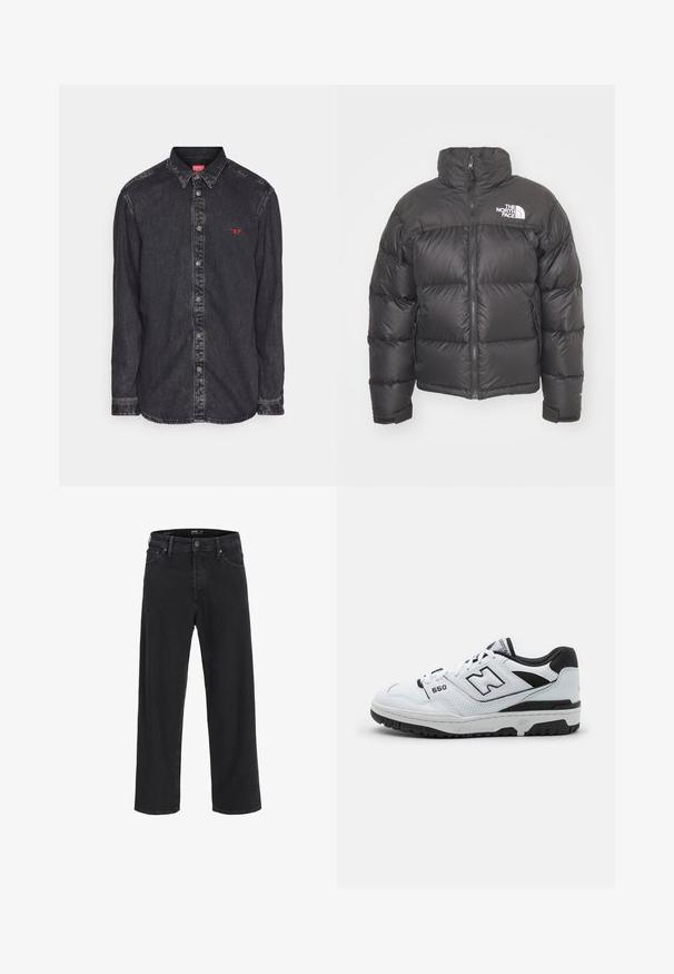 Casaco puffer preto com gola alta, fecho de correr e logotipo. Apresenta seções acolchoadas e punhos elásticos para maior aquecimento.; Diesel SIMPLY - Camisa - black; T-shirt de mangas longas, branca, feita de algodão suave. Gola redonda com bainhas cortadas a direito e sem padrões ou gráficos visíveis.; Calças de ganga pretas de perna reta com fecho de botão e zíper, passantes para cinto e bolsos frontais e traseiros.; Sapatilha baixa branca com detalhes em preto, parte superior em couro e malha, detalhes perfurados, colarinho acolchoado e sola de borracha grossa. Modelo 550.