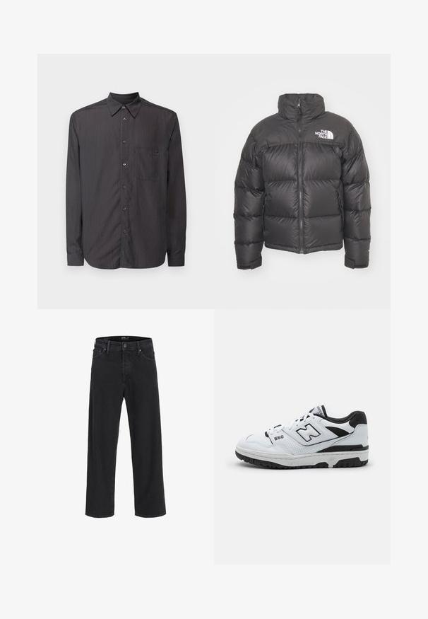 Chaqueta de plumas negra con cuello alto, cierre de cremallera y logotipo. Presenta secciones acolchadas y puños elásticos para mayor calidez.; Camisa negra de manga larga con rayas verticales, cuello abotonado, bolsillo frontal y botones a juego. Textura de tela suave.; Jeans de mezclilla negros de pierna recta con cierre de botón y cremallera, trabillas para cinturón y bolsillos delanteros y traseros.; Zapatilla baja blanca con acentos negros, parte superior de cuero y malla, detalles perforados, cuello acolchado y suela de goma gruesa. Modelo 550.