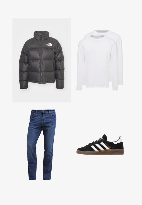 Casaco puffer preto com gola alta, fecho de correr e logotipo. Apresenta seções acolchoadas e punhos elásticos para maior aquecimento.; Duas camisetas de manga longa brancas feitas de algodão macio. Apresentam um decote redondo e uma textura suave e uniforme, sem padrões ou detalhes.; Jeans de denim azul escuro com um corte reto, apresentando cinco bolsos, fecho de botão e discretas marcas de desgaste nas coxas.; Sapatilha Adidas preta com riscas brancas, texto dourado "Spezial", sola de borracha e aba do calcanhar branca, apresentada em vista lateral.
