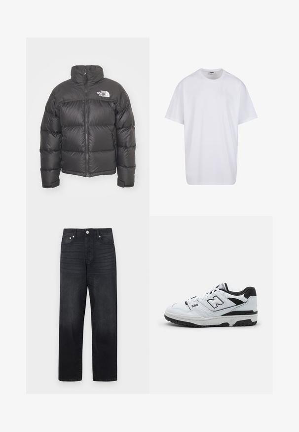 Doudoune noire avec un col montant, fermeture éclair et logo. Comprend des sections matelassées et des poignets élastiques pour plus de chaleur.; T-shirt en coton blanc avec des manches courtes, un col rond, une coupe décontractée et sans logos ni motifs visibles. Texture lisse et design minimaliste.; Jean en denim noir avec une coupe droite, design à cinq poches, fermeture à bouton en métal et décoloration subtile du tissu.; Baskets basses blanches avec accents noirs, tige en cuir et mesh, détails perforés, col rembourré et semelle en caoutchouc épaisse. Modèle 550.