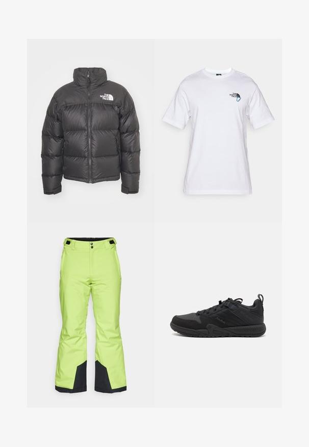 Svart puffjacka med hög krage, dragkedja och logotyp. Har kviltade sektioner och elastiska ärmslut för extra värme.; The North Face EXPLORE CARABINER RELAXED TEE UNISEX - T-shirt med print - white; Ljus limegröna skidbyxor med en slät yta, med svarta detaljer vid fållen och knäppning i midjan.; Svart sportskor med ovandel i mesh och läder, med förstärkta områden, rund tå, texturerad sula och en dragflik vid hälen.