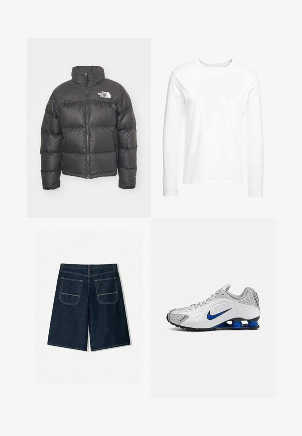 Fekete steppelt dzseki magas nyakkal, cipzáros záródással és logóval. Steppelt részekkel és rugalmas mandzsettákkal rendelkezik a megnövelt kényelem érdekében.; Hosszúujjú, puha pamutból készült fehér póló. Kerek nyakú, egyenes szegésekkel, látható minták vagy grafikák nélkül.; Sötétkék farmer rövidnadrág, laza fit tessékű, két hátzsebbel, kontrasztos varrással. Egyenes szabású és térd alá érő dizájn.; Nike futócipő, fehér és szürke felsőrésszel, kék akcentusokkal, perforált részletekkel, párnázott talppal és jellegzetes Shox rugórendszerrel.